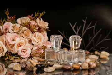 Two elegant square glass perfume bottles with metallic gold and silver caps are displayed on a reflective surface surrounded by smooth pebbles. A bouquet of soft pink roses in the background adds a ro