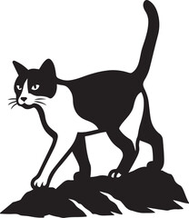 Cat on rock silhouette black and white, Black cat perched illustration for print