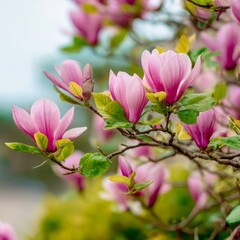 a flowering magnolia tree with large pink blooms and glossy green leaves in a spring garden