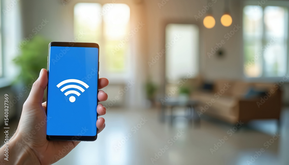 Poster hand holds modern smartphone with wifi signal icon on blue screen. person uses wireless network. blu