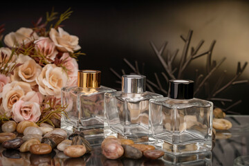 Romantic fragrance bottles styled with soft pink flowers and decorative stones.