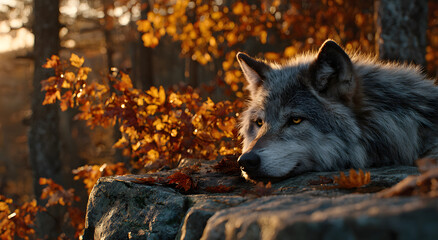 Gray Wolf Resting on Rocky Outcrop in Autumn Forest, Symbolizing Wildlife Conservation and Natural Beauty for Environmental Awareness Campaigns : Generative AI