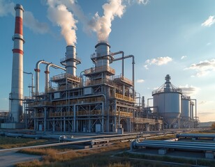 Industrial power plant against blue sky background with white smoke. Oil refinery, heavy industry. Energy, technology, industrial complex, power generation. Manufacturing, chemical factory, modern