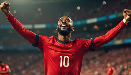 African male soccer player celebrates goal with arms raised in red jersey at stadium. Athlete joyful expression, energetic moment, capturing victory during competition. Player shows passion, triumph,