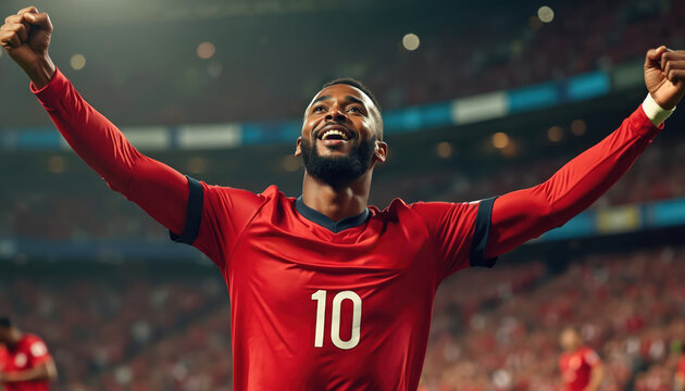 African male soccer player celebrates goal with arms raised in red jersey at stadium. Athlete joyful expression, energetic moment, capturing victory during competition. Player shows passion, triumph,