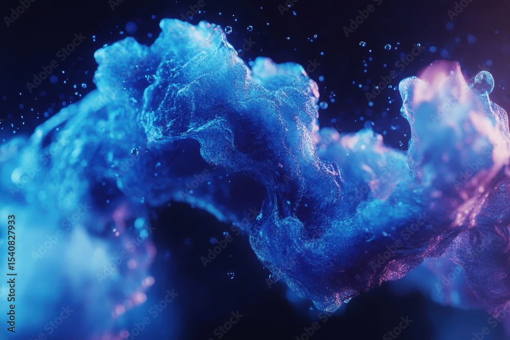 Poster blue particles swirling and flowing in a liquid medium with vibrant effects and dynamic motion, blue