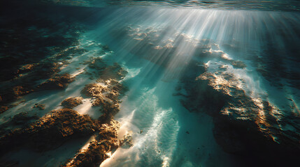 Fototapeta premium Aerial View of Tranquil Underwater Scene with Sandy Seabed Soft Light Rays and Clear Water Ideal for Abstract Background Use