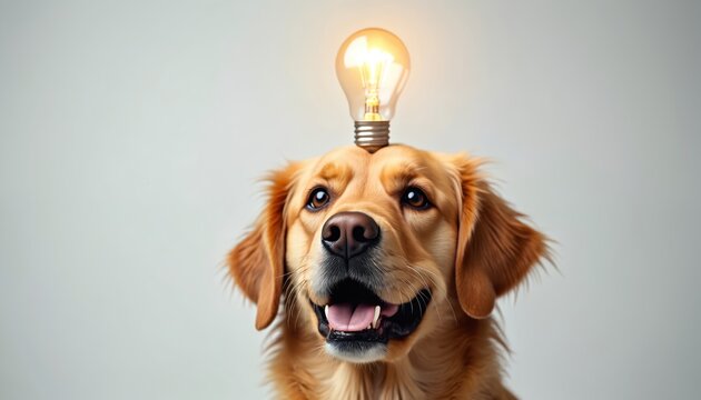Illustration features Golden Retriever dog with light bulb above its head. Idea concept of thinking animal with innovation and creativity. Clever cute pet portrait on white background.