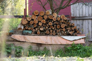 A pile of stacked firewood, prepared for heating the house. Firewood stacked and prepared for winter.
