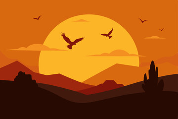 Orange desert sunset with a lone man and birds silhouetted against a mountain landscape