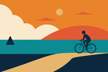 Obraz premium Silhouetted cyclists ride bikes on the beach and mountain roads during sunset, enjoying summer cycling adventures by the sea