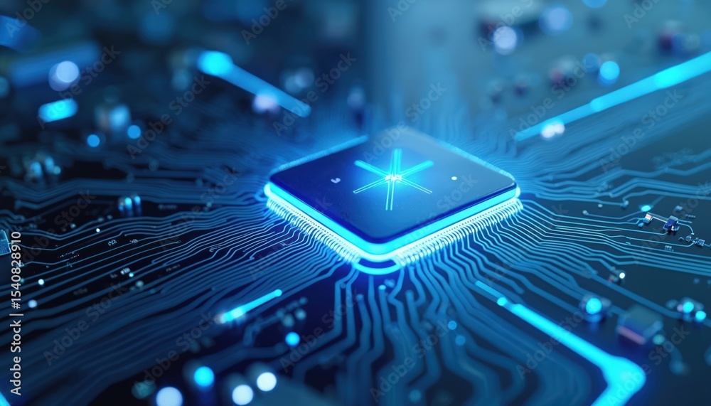 Poster Close-up illustration of microchip on circuit board with glowing blue lines. Tech concept features digital innovation electronic computer hardware processing. Futuristic artificial intelligence ai