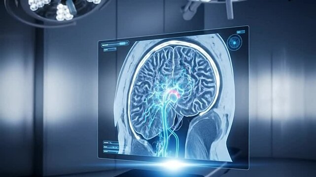 Brain scan displayed on a screen in a sterile room with surgical equipment and bright light panels
