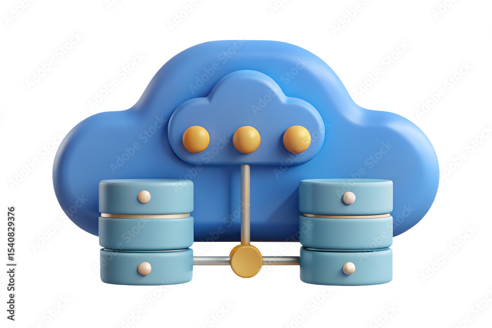 Poster 3d render of cloud computing and data storage - blue cloud with database servers