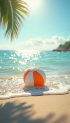 Obraz premium A vibrant beach scene featuring a colorful beach ball resting on the sand, with gentle waves lapping at the shore under a bright, sunny sky.