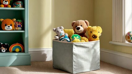 Group of colorful plush toys neatly arranged in soft storage bin for children's room organization - Powered by Adobe