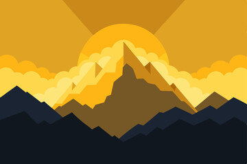 Misty morning mountain landscape with a vibrant orange sunrise silhouette