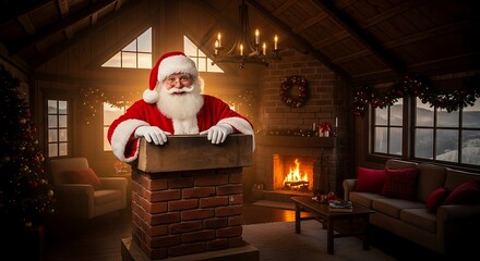 Santa Claus Descending Chimney Holiday Magic Happy Father Christmas in Fireplace Setting Classic Christmas Symbol of Joy Festive Spirit