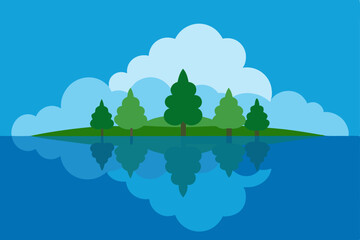 Summer landscape illustration of green nature with trees, grass, and a river under a cloudy sky