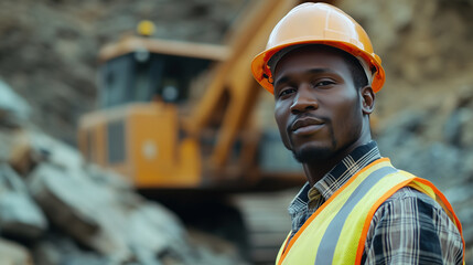Confident African male construction or mining worker, yellow safety helmet and work shirt, standing folded arms in front of a large yellow dump truck. Mining or construction site. professionalism and 