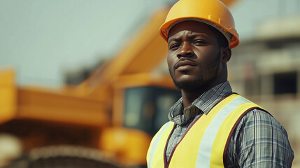 Confident African male construction or mining worker, yellow safety helmet and work shirt, standing folded arms in front of a large yellow dump truck. Mining or construction site. professionalism and 