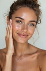 Beautiful young woman with healthy glowing skin. Natural makeup, smiling. Female model touches face skin. Beauty portrait, skincare, wellness, cosmetology, spa treatment, cosmetic product