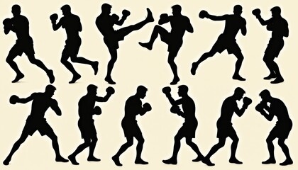 Obraz premium Dynamic black silhouettes of boxers showcase combat sport actions. Fighters demonstrate powerful moves in various stances, representing boxing technique. Focus on strength, energy, movement. Perfect