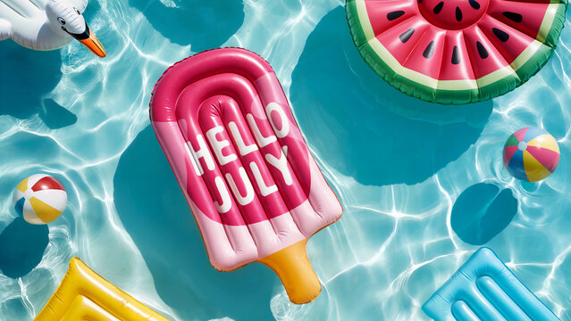 Hello July! Colorful pool floats and inflatable mattresses arranged in crystal-clear turquoise water.