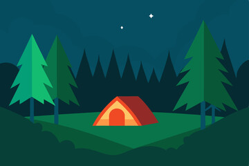 Forest camp with a tent nestled in the green mountain landscape