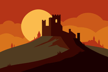 Obraz premium Vector illustration of an orange sunset city skyline with a silhouetted castle and urban buildings against a dusk sky