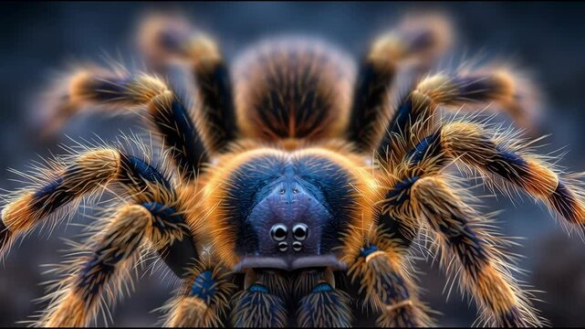 Macro portrait of a colorful, hairy tarantula spider