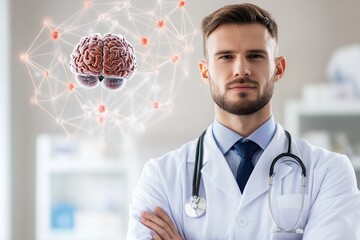 Data processing with molecular technology and brain research in a medical setting, data processing with molecules and brains over caucasian male surgeon in hospital