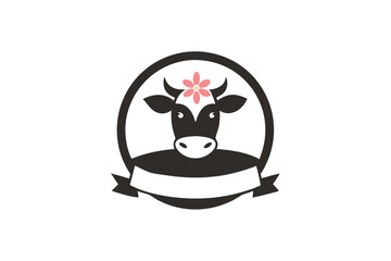 Cow with Flower Ribbon Crown in a Circle Logo Icon Design