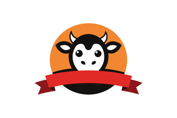 Cartoon Cow Head with Ribbon in Circle Logo Icon Design