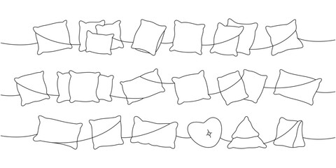 Warm cozy pillows one line continuous drawing. Fluffy pillows for sleeping. Vector illustration.