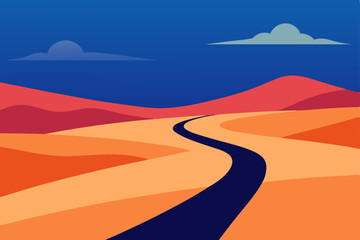 Vector illustration of a road to the sea, a summer landscape with a highway under a vast sky, perfect for a journey through nature's horizon