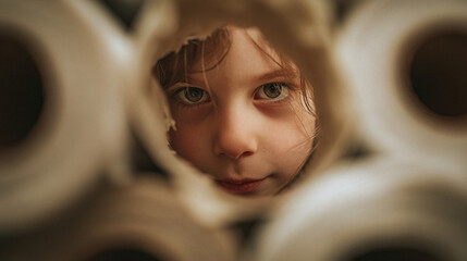 A curious child peeking through a hole in a stack of toilet paper rolls with a playful expression on face