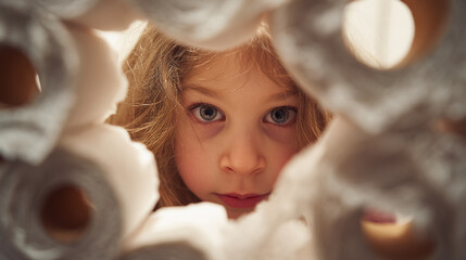 A young girl with blonde hair looking through a tunnel of white toilet paper rolls close up view