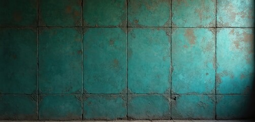Old turquoise green concrete wall texture, vintage shabby style. Concrete cement stone background. Shabby patchwork tiles, worn surface. Retro design. Rustic style. Aged wall pattern.
