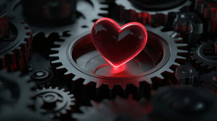 Red Heart Surrounded by Black and Red Gears Abstract Background