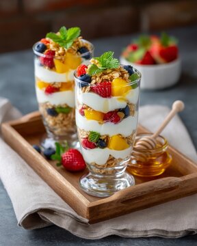 Colorful fresh fruit and yogurt parfait with berries and honey in glasses