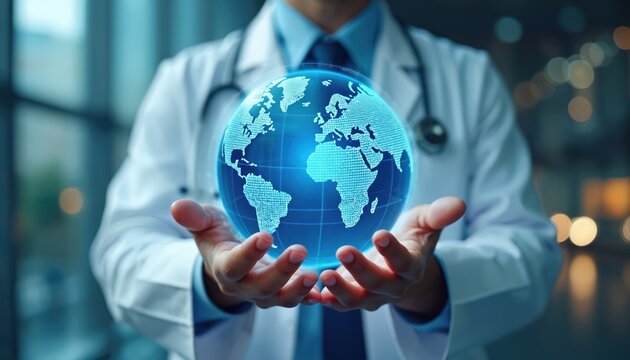 Doctor holds digital glowing globe in hands. Healthcare tech concept, world wide medical data analysis, modern medicine, future health. Digitalization of health care, telemedicine, global health.