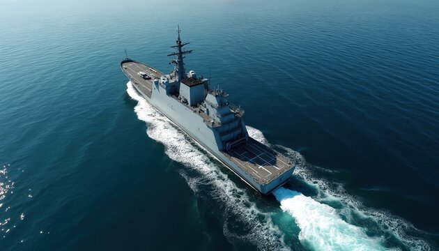 Aerial shot of military navy ship in open sea. Amphibious warship moves at high speed with white trail. Naval transport vehicle for military operations, assault force. Blue ocean.