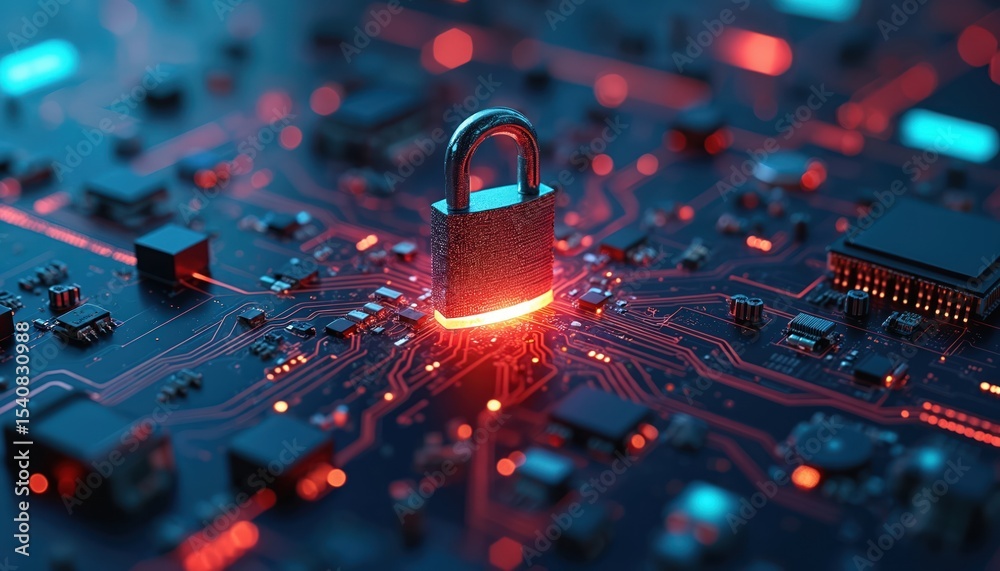 Poster Futuristic illustration features padlock on circuit board, zero trust security. Data protection, digital safety concept. Neon glowing lines highlight secure connection. tech, cyber security