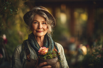 Portrait of a smiling senior woman in a garden holding a potted rose with a hat and scarf on