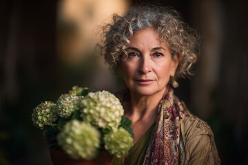 Portrait of a woman with curly gray hair holding a bouquet of flowers in a softly lit environment