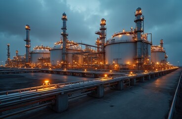 Obraz premium Vast industrial complex houses large LNG storage tanks, designed to store liquefied natural gas at low temperatures. Infrastructure complex visible at dusk with illumination reflects energy sector,