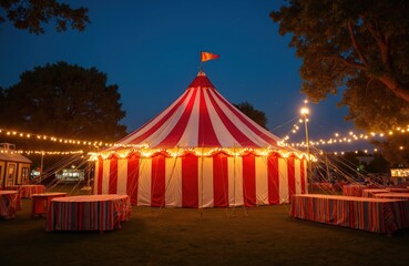 Red and white striped circus tent with warm lights under night sky in festive outdoor setting. Evening gathering, event, party, celebration, bright illumination atmosphere with trees and stars.