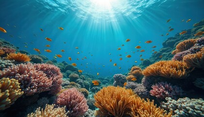 Obraz premium Underwater scene vibrant coral reefs with colorful fish. Sunlight streams through ocean, creating mesmerizing vista. Marine life thrives, eco-friendly, underwater world full of life.