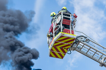 Fire truck lift, emergency response, firefighters, full gear, ladder, smoke, white truck, red...